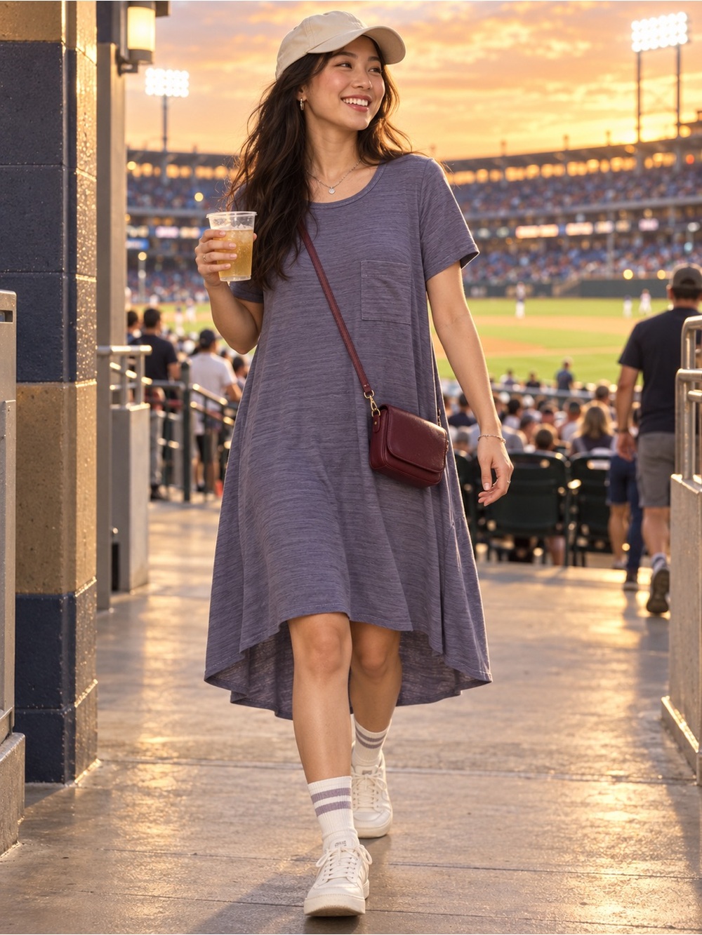 Casual Short-Sleeve High-Low Pocket Dress in Dusty Lavender